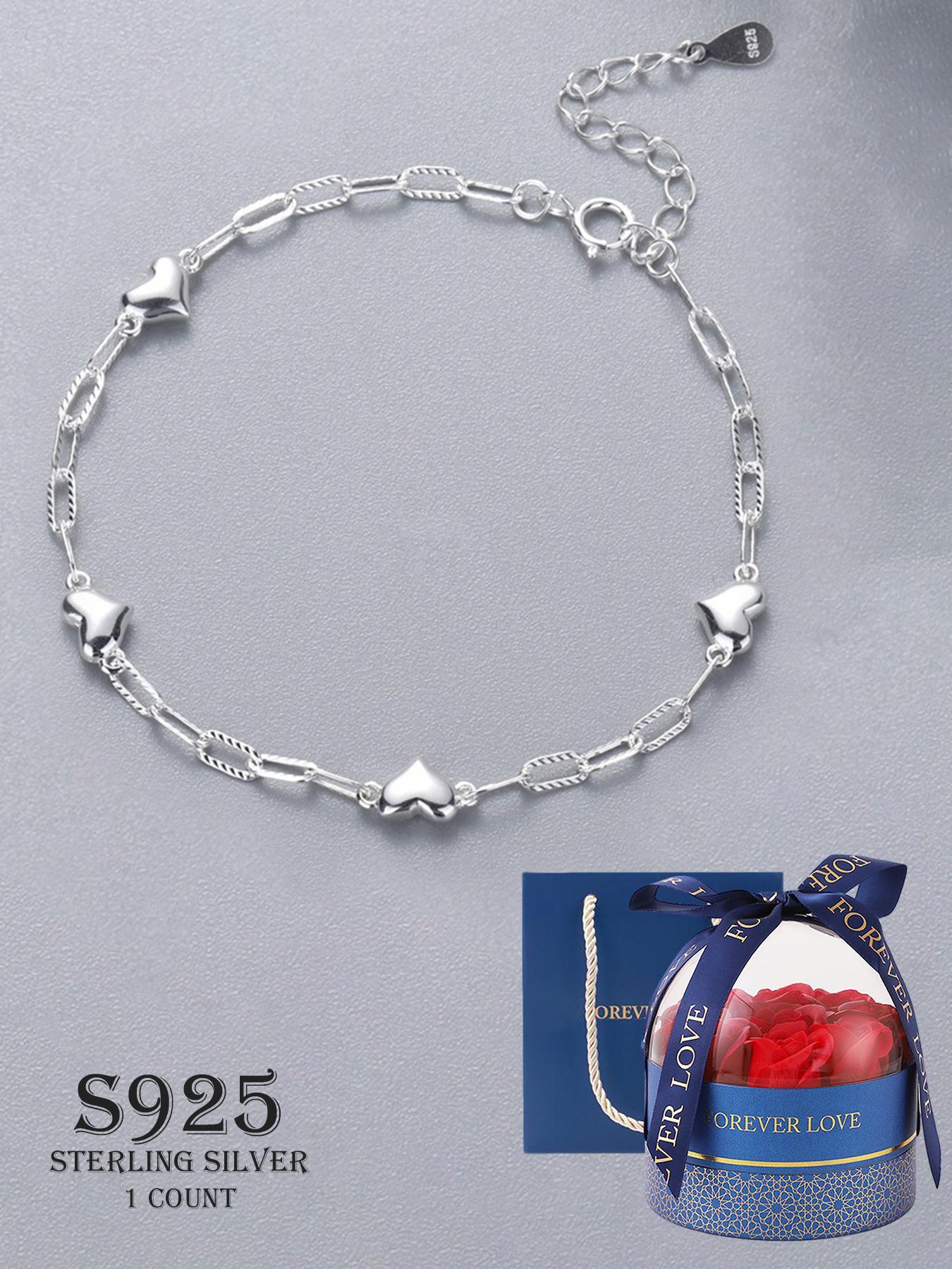 S925 Sterling Silver Simple Heart Design Chain Bracelet, Valentine's Gifts for Her, Silver Jewelry, Fashion Jewelry for Party, Daily Decor, Trendy All-match & Exquisite Jewelry for Birthday Gift, Gift Ready, Heart Shaped Bracelet, Heart Charm Bracelet