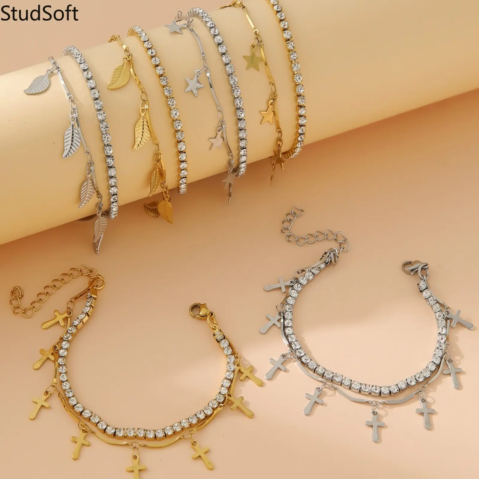 Layered Tennis Chain Bracelet Set Birthday Jewelry Gift Shiny Rhinestone Cross Star Leaf Charm Adjustable Link Anklet Wristband for Women Girls