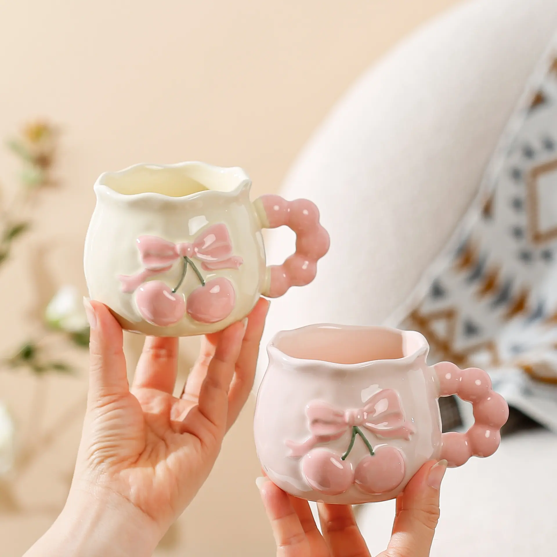 Cherry Pattern Ceramic Coffee Mug Set with Spoon, Cute Home Office Gift, Christmas Halloween Thanksgiving Coffee Cup Present
