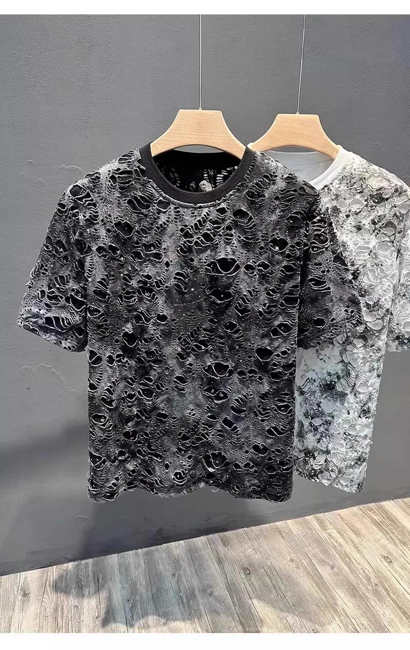 Summer 2026 Trendy Brand Men's T-shirt Loose Casual All-Match Tie-Dye Hole Design round Neck Short Sleeve Breathable