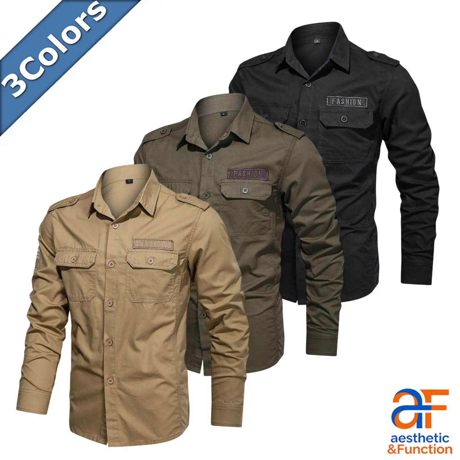 Men's Long-Sleeve Cargo Shirt - Menswear Utility Military Tactical Button-Down Workwear, Cotton Fabric, Epaulettes, Double Chest Pockets, Rugged Outdoor Overshirt (3 Colors)