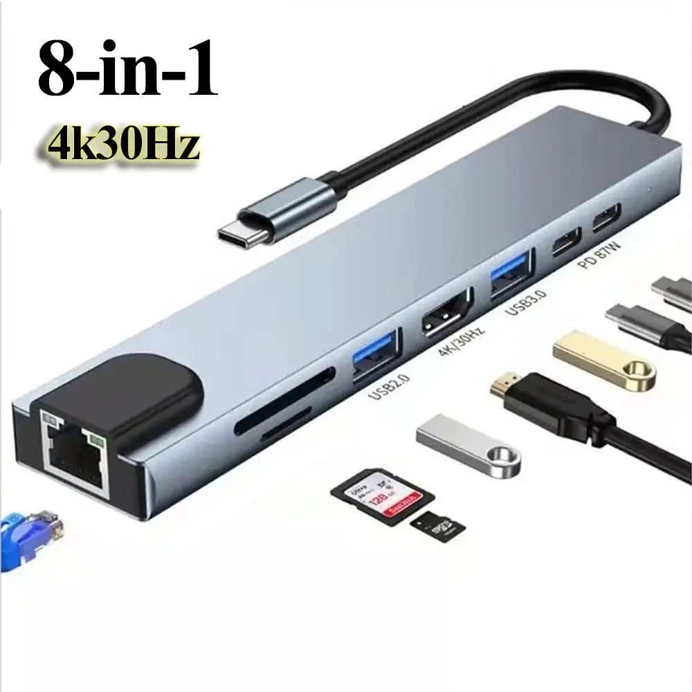 8-in-1 multifunctional Type-C docking station Multiport Adapter with metallic silver gray texture, supports 4K screen mirroring, gigabit Ethernet port, PD100W fast charging, and is compatible with office online courses