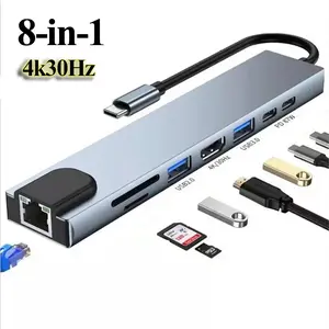 8-in-1 multifunctional Type-C docking station Multiport Adapter with metallic silver gray texture, supports 4K screen mirroring, gigabit Ethernet port, PD100W fast charging, and is compatible with office online courses