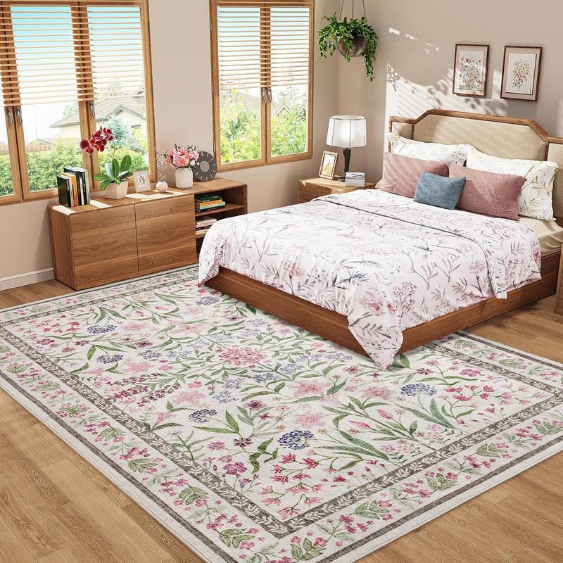 Amearea 8x10 Area Faux Cashmere Rugs for Living Room, Washable Area Rugs 8 x 10 Pink Floral Rug, Vintage Low Pile Cute Room Print Carpet, Non Slip Office Nursery Bedroom Dining Room Farmhouse Decor