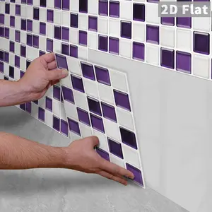 10PCS/Color Box GST Dark Purple & Cream White Square Mosaic PE Foam Tile Stickers, Waterproof Oilproof Shock & Wear Resistant, Peel & Stick on Smooth Surfaces for Kitchen Bathroom Bedroom Office Home & Commercial Wall Decor