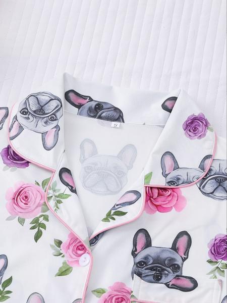 Women's  Dog and Floral  Print Shirt & Elastic Waist Shorts Pyjama Two-piece Set, Casual Comfy Short Sleeve  Top & Shorts Pj Set, Ladies Loungewear Sleepwear for All Seasons