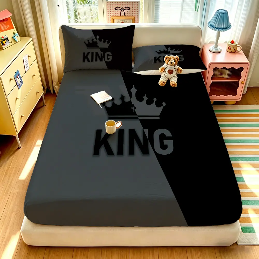 3pcs Black Grey Color-Block Crown "KING" Slogan Print Fitted Sheet Set, 1 Fitted Sheet & 2 Pillowcases, No Core, Soft Comfortable Bedspread, Deep Pocket, for All Rooms