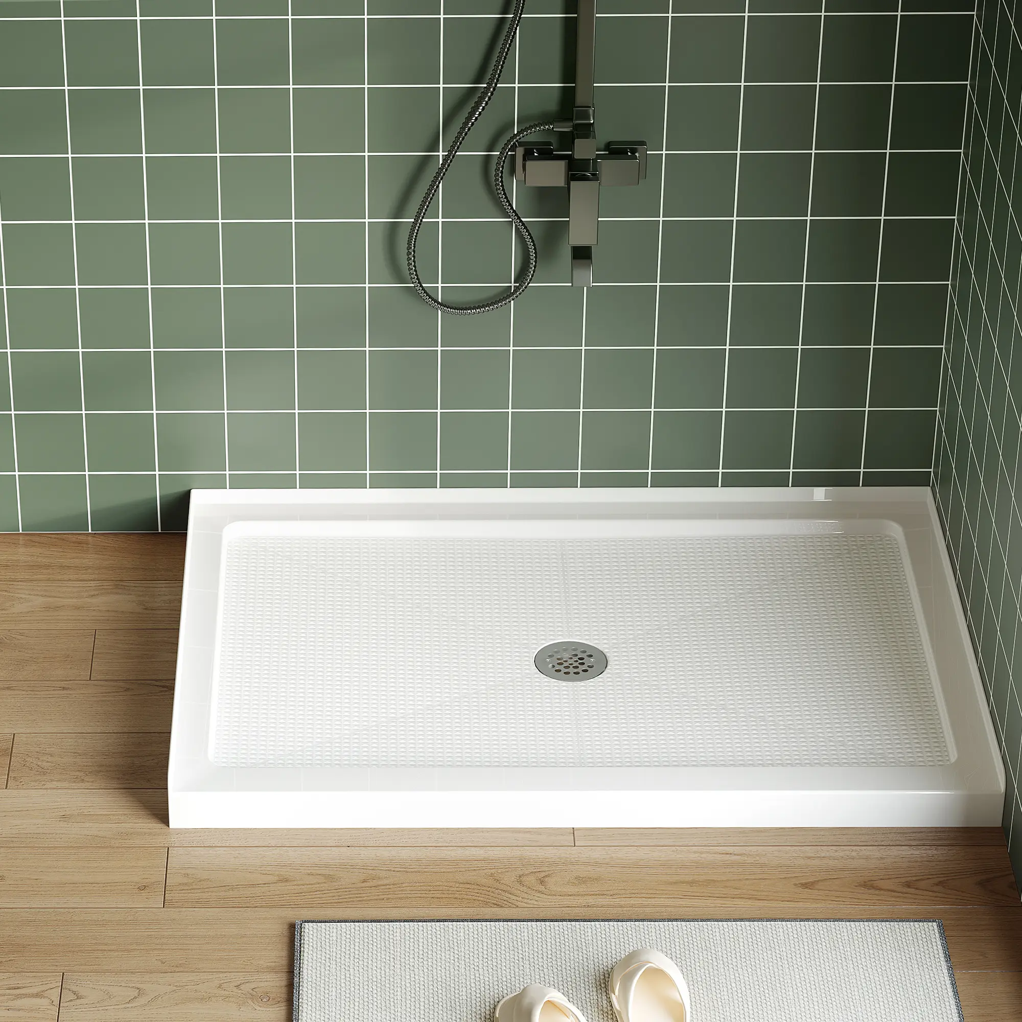48x32 in Single Threshold Center Drain Shower Base, Non-Slip Safety Surface, Durable Lightweight ABS Construction, Easy-Install Complete Shower Pan Kit for Home Bathrooms
