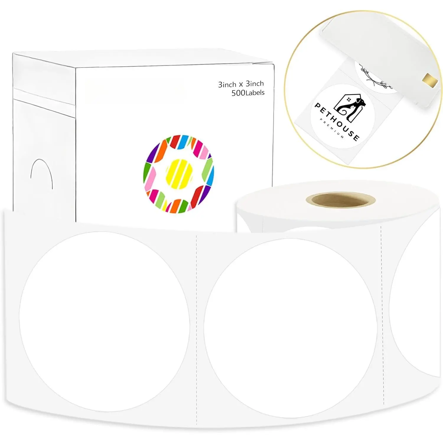 3 X 3 Inch Round Thermal Labels Circle Color Coding Labels Printable  500 count Round Stickers Adhesive Writable for Office, , Garage, DIY Sticker, Barcodes, Name Tag, White