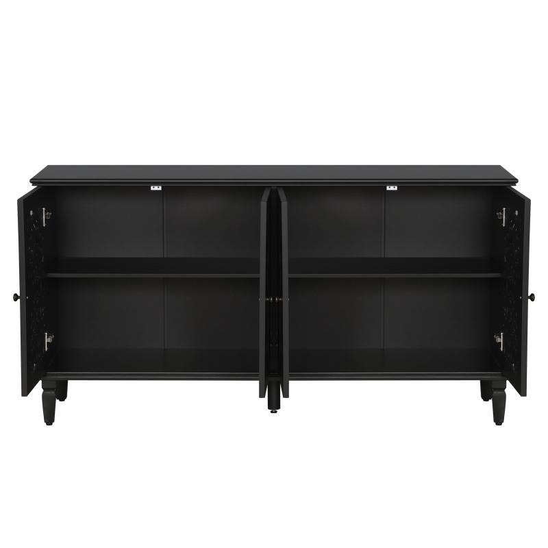 60" Antique Buffet Cabinet with Floral Carvings with Solid Wood Legs&Antique Brass Handles&Adjustable Shelves, TV Stand for 65''+ TV, Sideboard for Living Room,Dining Room (Black)