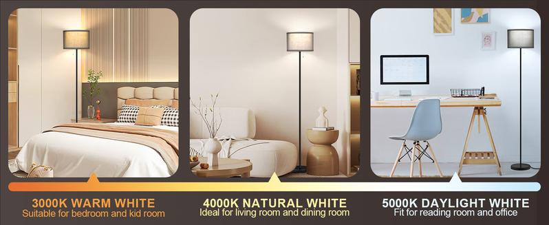 Modern 3-Way LED Floor Lamp - Simple Standing Design for Living Room, Bedroom, or Home Office - Pull Chain Tall Lamp with White Lampshade