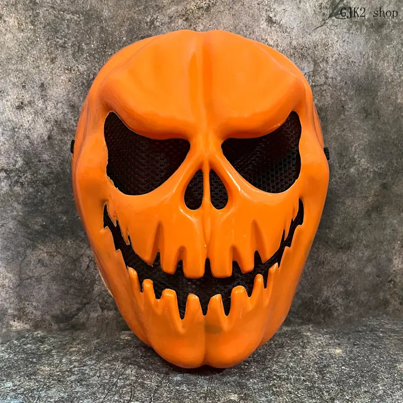 Orange Pumpkin Skull Face Mask with Adjustable Strap, Breathable Eye & Mouth Plastic Mesh Design, Halloween Party Horror Look Costume Accessory