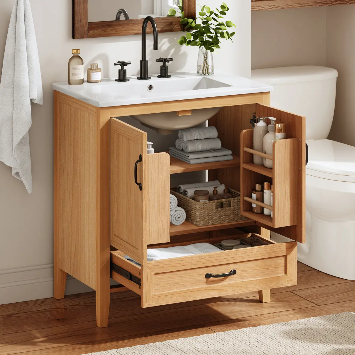 30" Natural Wood Grain Bathroom Vanity with Ceramic Sink Top, Solid Wood Legs, Soft-Close Double Doors & Bottom Drawer, Adjustable Interior Shelf, Door-mounted Organizers