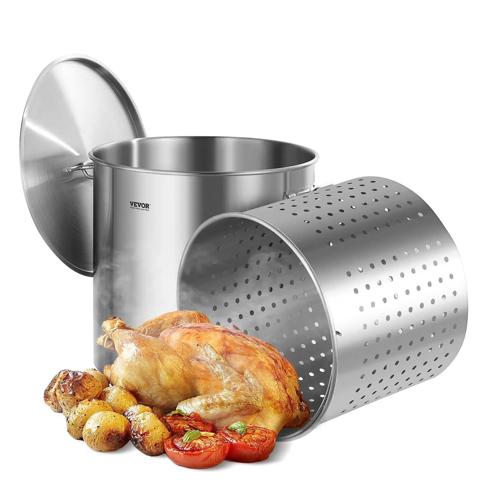 VEVOR 100 Qt Stainless Steel Commercial Grade Stockpot, Heavy-Duty Cookware with Basket, Lid, Handle, Sanding Treatment, Silver Oil Strainer for Large Groups, Events