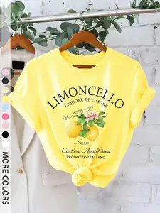 Women's Soft Yellow Limoncello Graphic Print T-Shirt, Casual Short Sleeve Crew Neck Top, Italian Vacation Style Tee For Summer Beach & Daily Wear