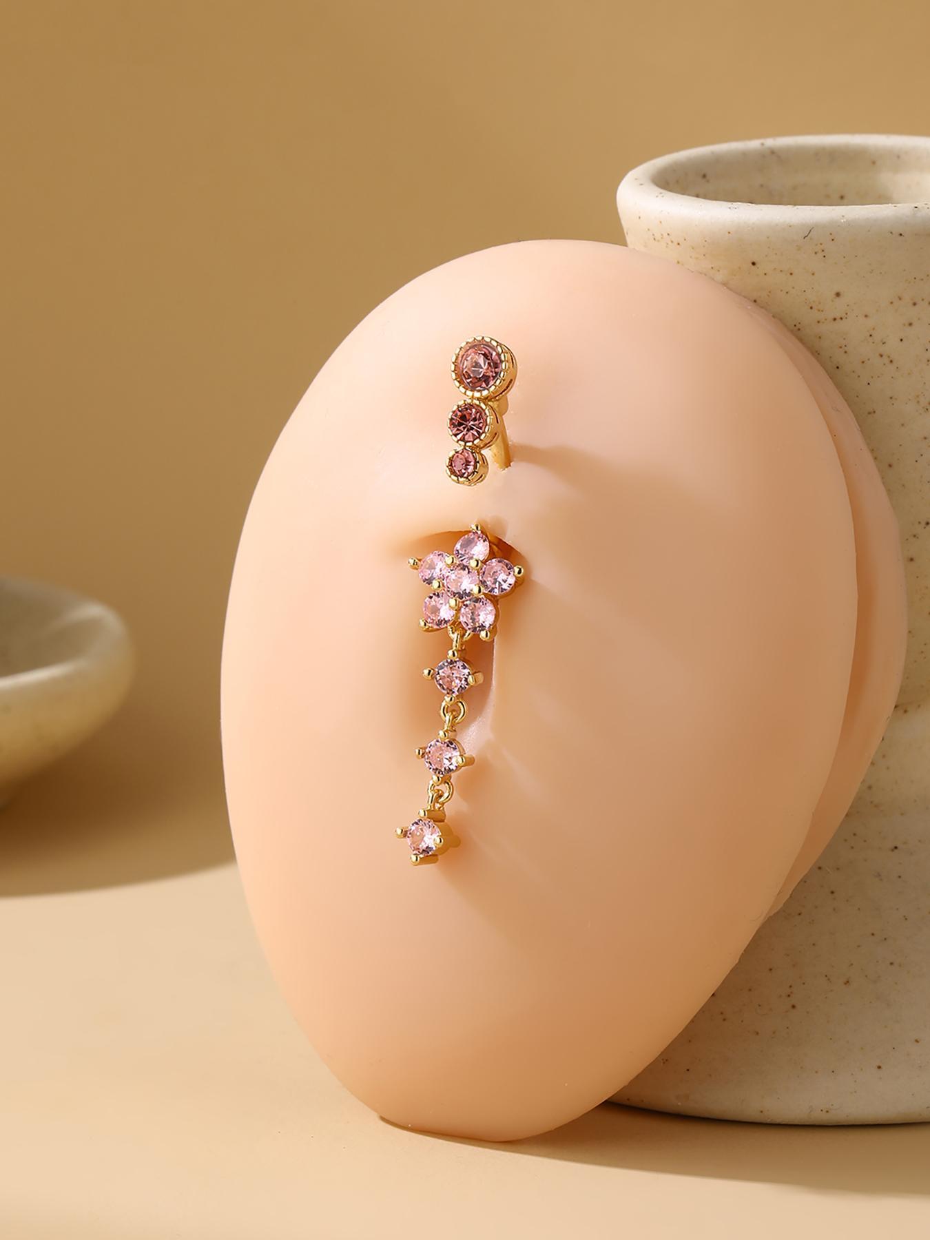 Flower Design Belly Ring, Elegant Rhinestone Decor Belly Piercing Jewelry for Women, Chic Body Jewelry, Fashion Accessories for Party, Daily Clothing Decor