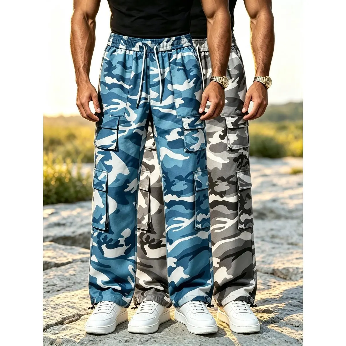 2PC Men's Camouflage Work Pants with Multiple Flip Side Pockets and Adjustable Toggle Ankle Cuffs, Perfect for Hiking, Traveling, and Daily Street Style