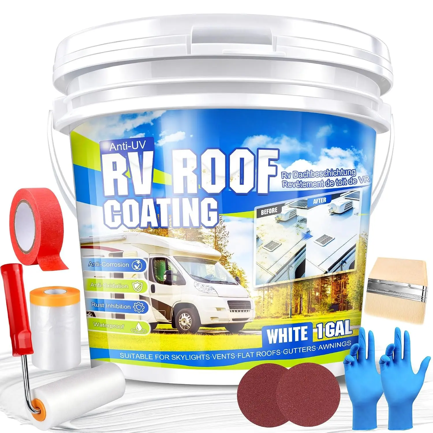 RV Roof Coating 1 Gallon – Self-Leveling RV Roof Sealant  for Camper, Motorhome & , Flexible Membrane for EPDM/TPO/Fiberglass/ Roofs, Solar Reflective White Finish