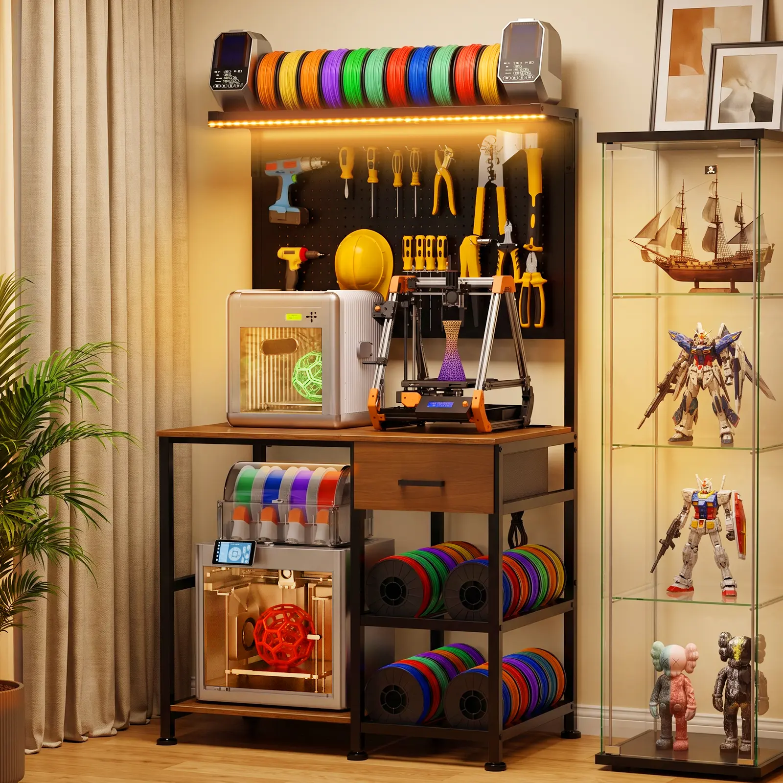 Adjustable ARCH 3D Printer Stand Workstation Organiser Rack - MDF & Metal Workbench with Drawer, Filament Storage, Charging Station, LED Lights, Pegboard, Hooks, Large Shelf for Home Studio - 24.1" D x 37.8" W x 66.5" H, Black+Brown
