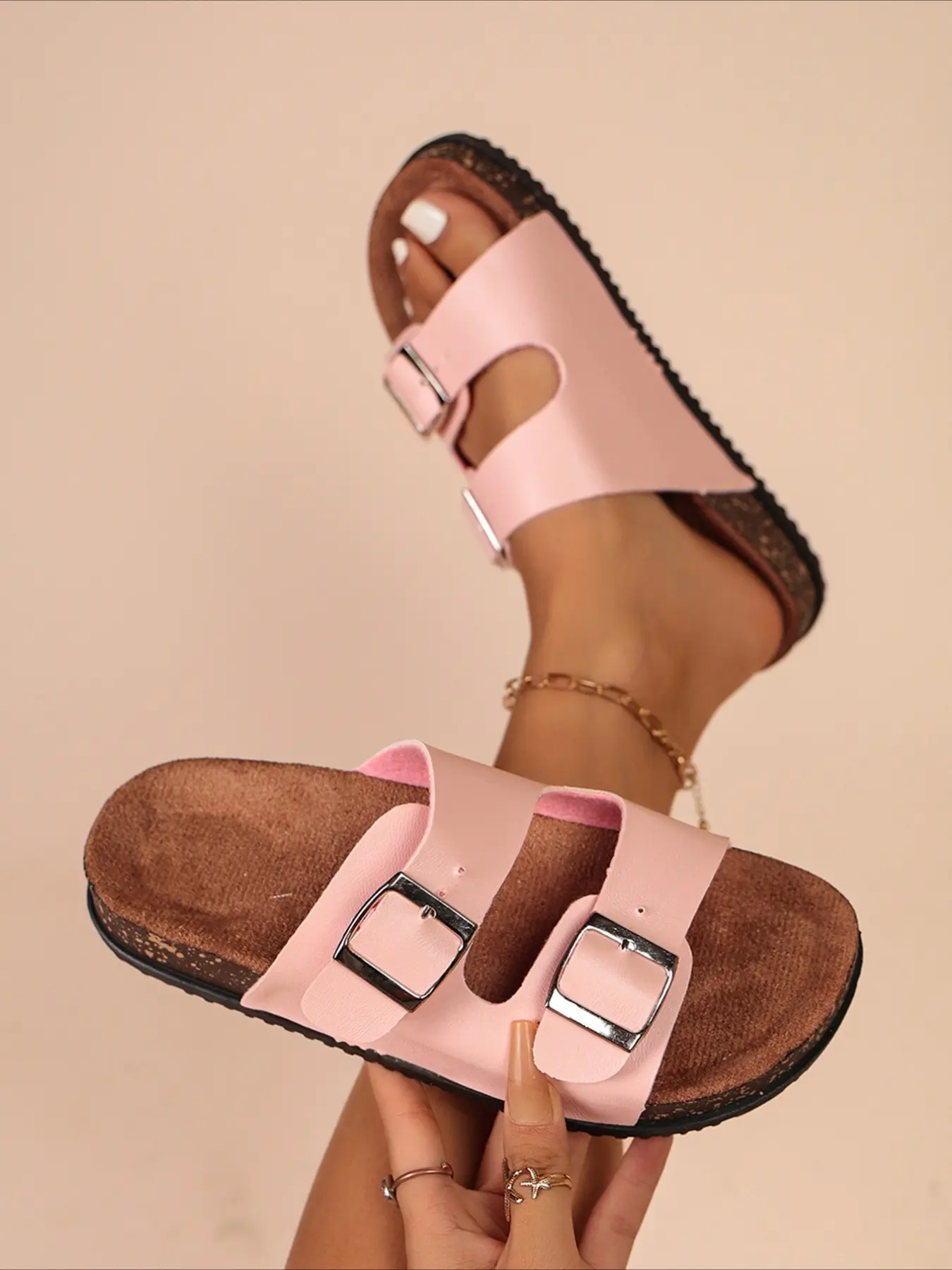 Single strap buckle birken slides, cushioned cork footbed, multi-color options. Lightweight casual summer slippers, comfy for daily outdoor and home wear.