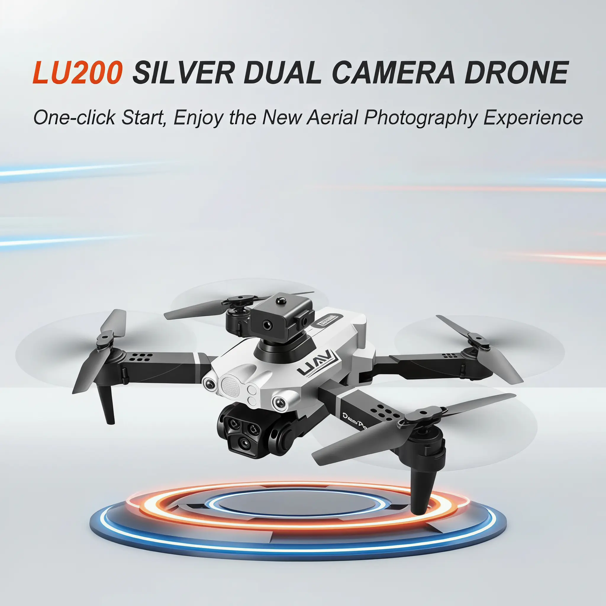 LU200 Silver Dual-Camera Drone, equipped with optical flow hovering and intelligent obstacle avoidance, supports one-key control for stable and safe HD aerial photography, beginner-friendly and easy to operate.