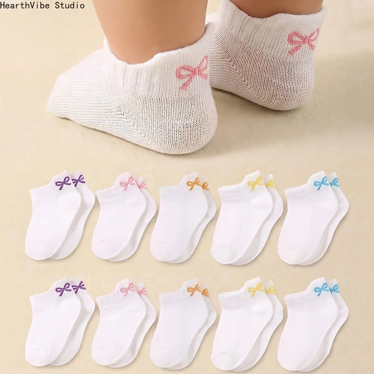 10 Pairs Baby Girls Socks Set Thin Breathable Mesh Summer Toddler Ankle Socks Mini Colorful Bowknot White Low Cut Toddler Infant Crew Socks Bulk Pack