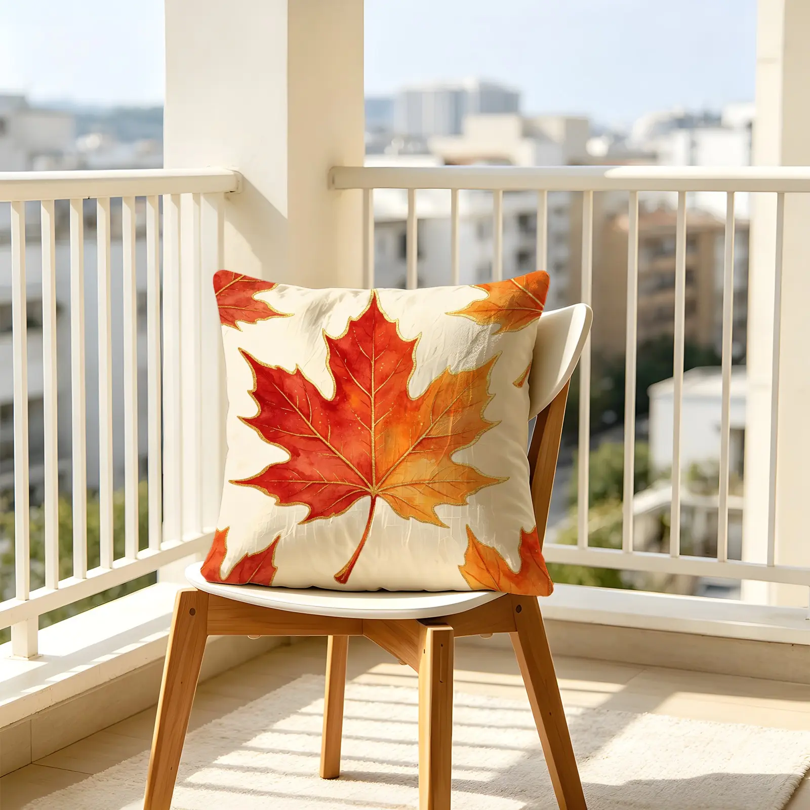 Exquisite Watercolor Gradient Maple Leaf Square Throw Pillow with Gold Glitter Trim, 45×45cm, Comes with Insert, Waist Support Cushion for Sofa Bay Window Cafe, Perfect Gift
