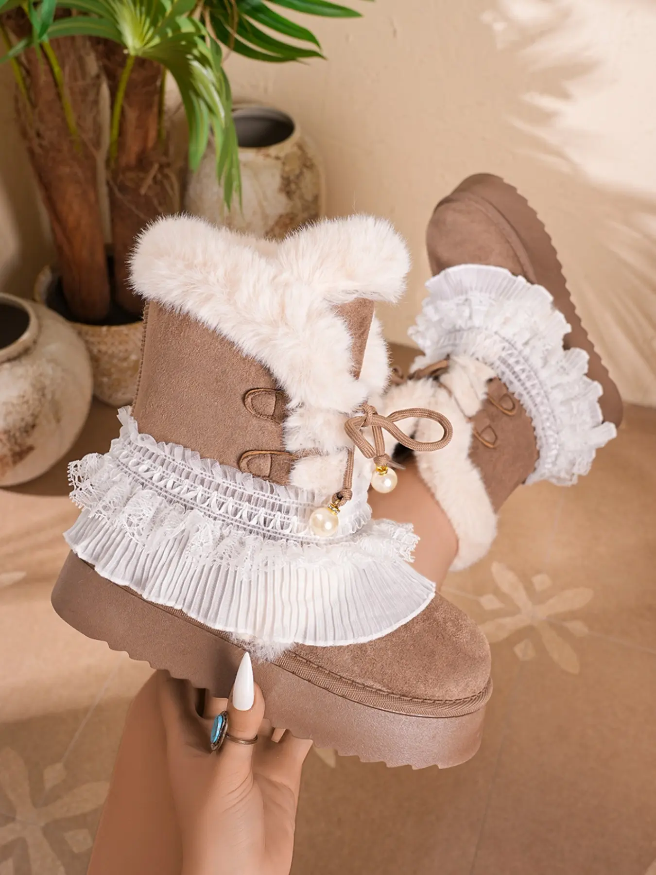 Lolita Lace Trim Thick Sole Snow Boots for Women, Pearl Butterfly Knot Faux Fur Lined Warm Cute Short Cuff Cotton Boots