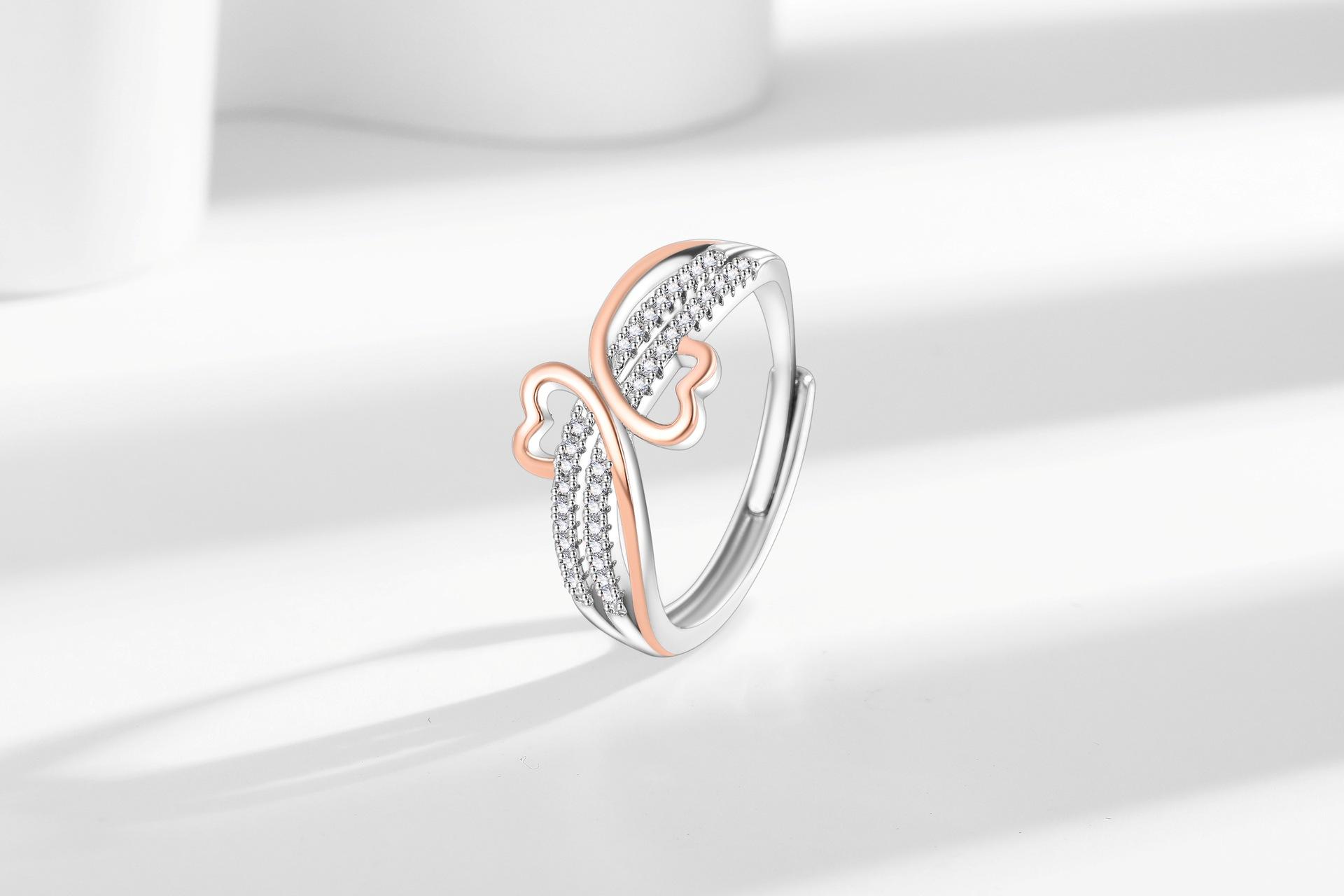 Two-Tone Rose Golden Double Heart Ring For Women Inlaid With Zircon Simple Wave Dainty Ring Band Adjustable Open Unique Stacking Rings