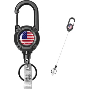 A Man's Tools Retractable Keychain Heavy Duty 28.34 inch Extended Dyneema Cord, Quick-Release Badge Holder,Carabiner Clip for Work, Outdoor (American Flag,Black 1)