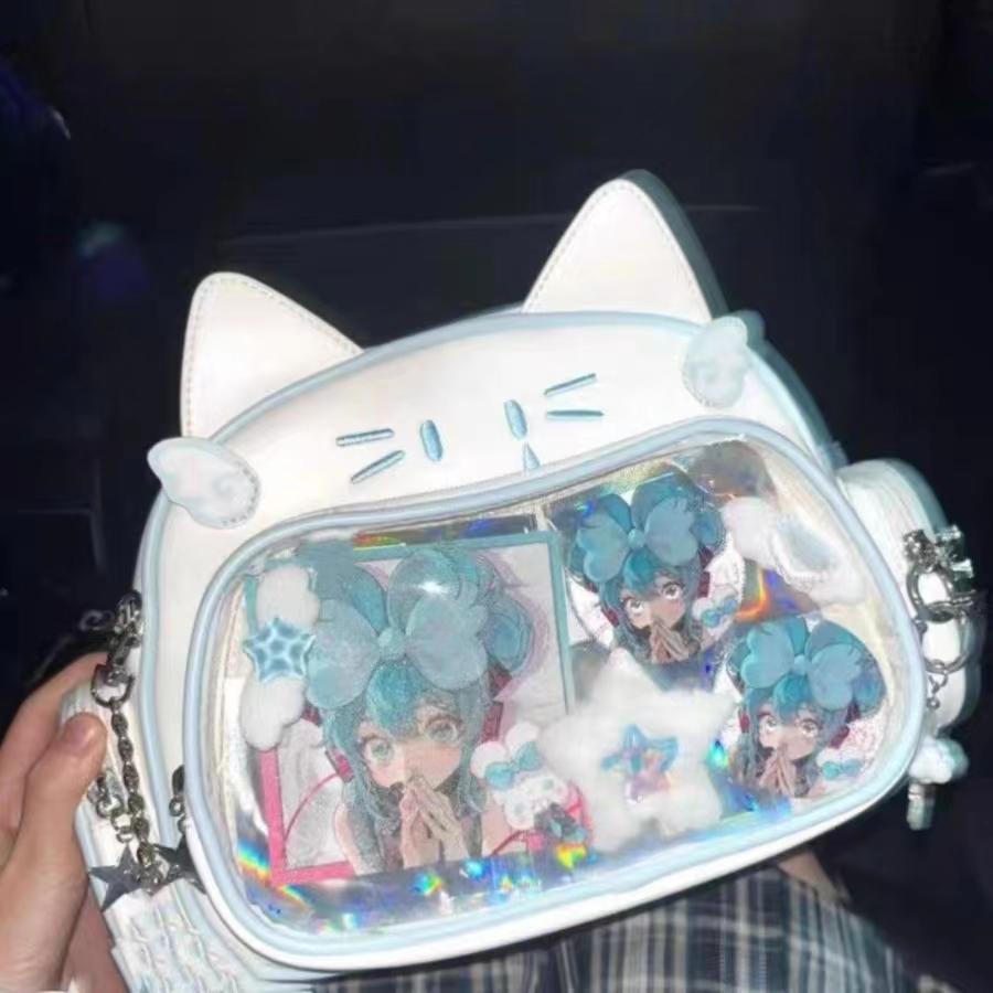 New Y2K Korean Kawaii Cat Ita Bag Cute PU Shoulder Bag Girls Transparent Pocket Harajuku Crossbody Bag Women's Fashion Backpacks