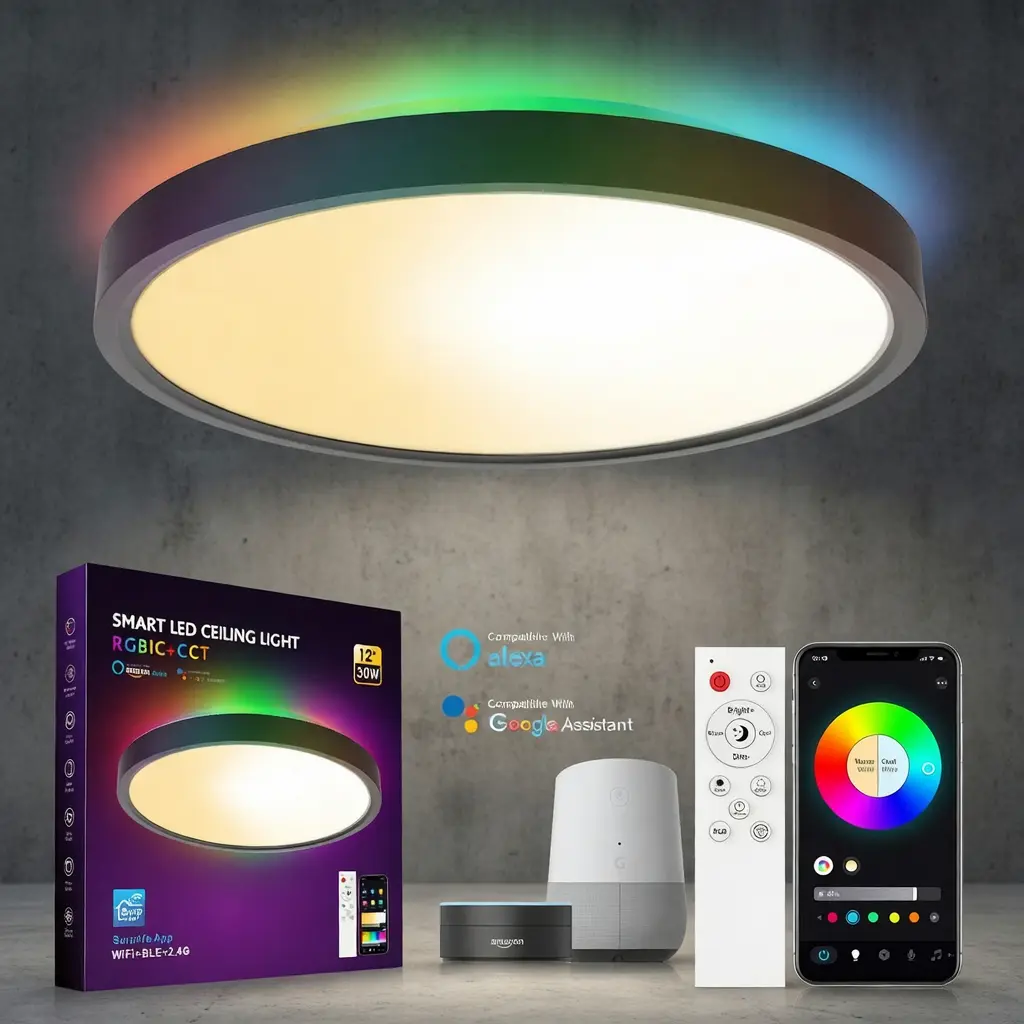 Smart WiFi Ceiling Light Bluetooth Remote Dimmable Color Changing Alexa Voice Control Ultra Thin 30W 5 Channels