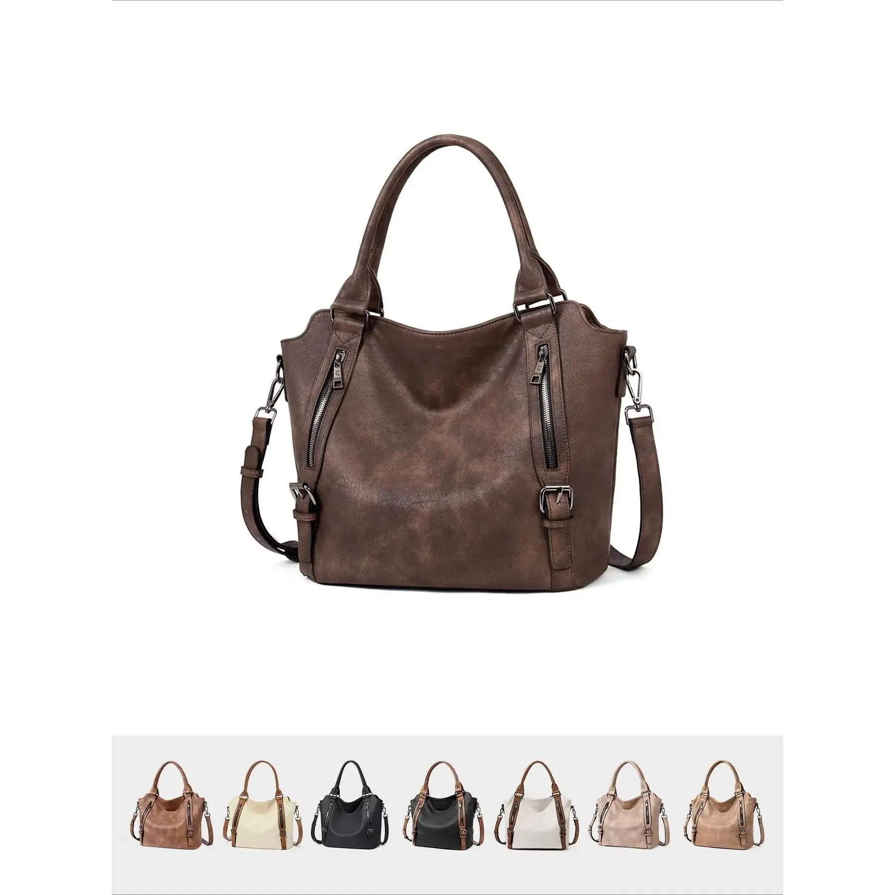 Vintage Large Capacity Tote Bag for Women, Trendy PU Leather Shoulder Purse with Double Zipper Detail and Structured Design, Spacious Minimalist Handbag, Versatile Commuter Bag for Work, Shopping, Travel & Everyday Outfits