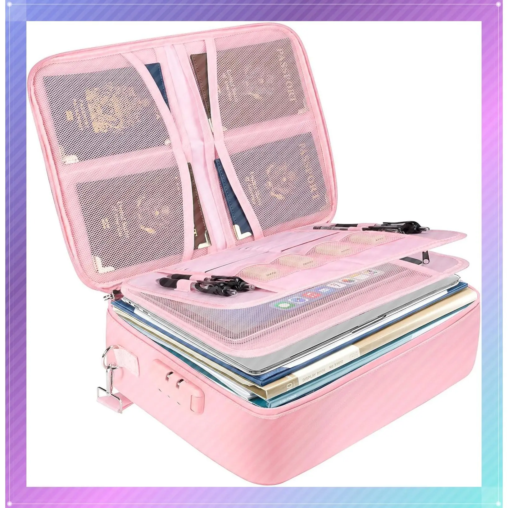 Fireproof Document Box with Lock, Portable Waterproof Fire-Resistant File Organizer for Important Documents, Pink, 15''x11''x4''Gift