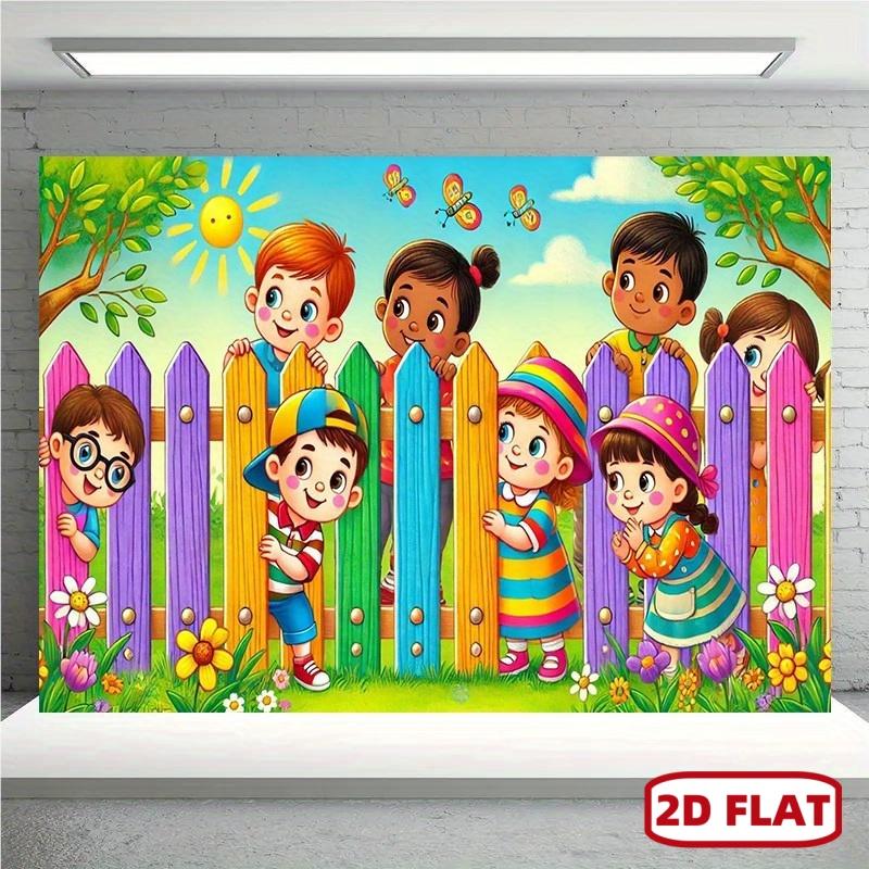 1pc Vibrant Playground Scene Backdrop, 8x6ft Polyester Wall Banner - Colorful Fence, Sun, Flowers, and Happy Faces, Perfect for Home Decor, Parties, Studios, and Outdoor Celebrations, Party Backdrop | Playful