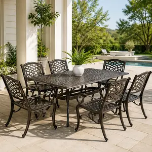 ARCH 6-Person Bronze All Aluminum Outdoor Dining Set - Rectangular Table, Lightweight Build, Rust-Resistant Cast Frame, Floral Lattice Design, Curved Saber Legs, for Garden Backyard, Assembly Required, All Aluminum Dining Tables, Lightweight Aluminum Dini
