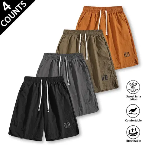 Men's 4-pack lightweight quick-dry casual shorts, elastic waistband with lace-up design, loose fit, featuring printed design, breathable beach sports shorts, with side pockets, suitable for outdoor walking, beach vacation, daily street wear