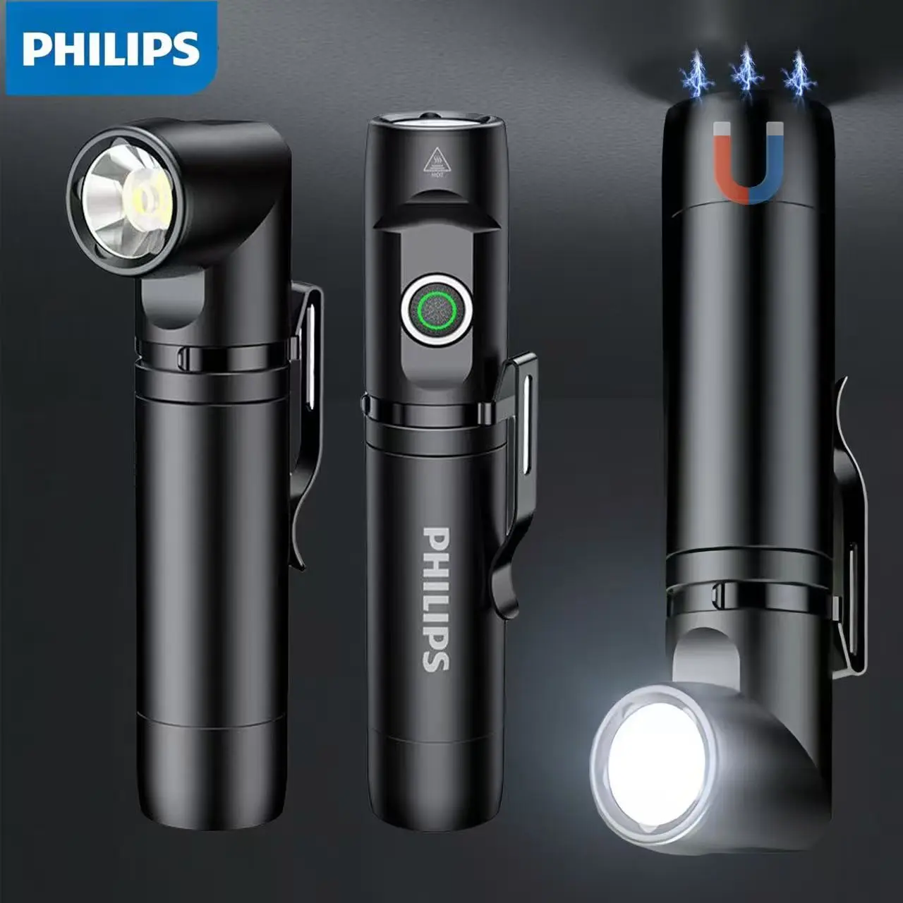 Philips L-Shaped Magnetic Flashlight, 360° Rotatable Work Light with Metal Clip, Clip On Torch, USB-C Rechargeable LED Handheld Torch, Stepless Dimming, 4 Lighting Modes, Magnetic Tail for Car Repair Camping Emergency