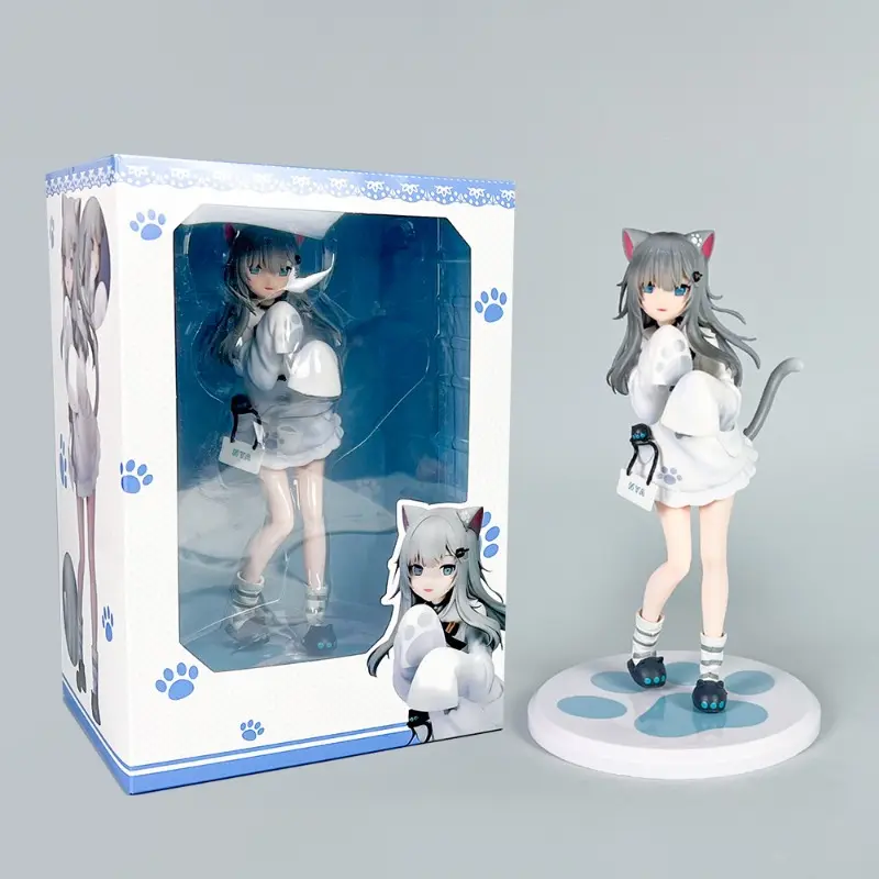 Gray Long Hair Nekomimi Anime Girl PVC Figure, White Loose Sweater Cute Statue with Gift Box, Anti-Fade Paint, Neat Carving Details, Desktop Collectible Model Toy for 12 Years Above, Supports Children Development