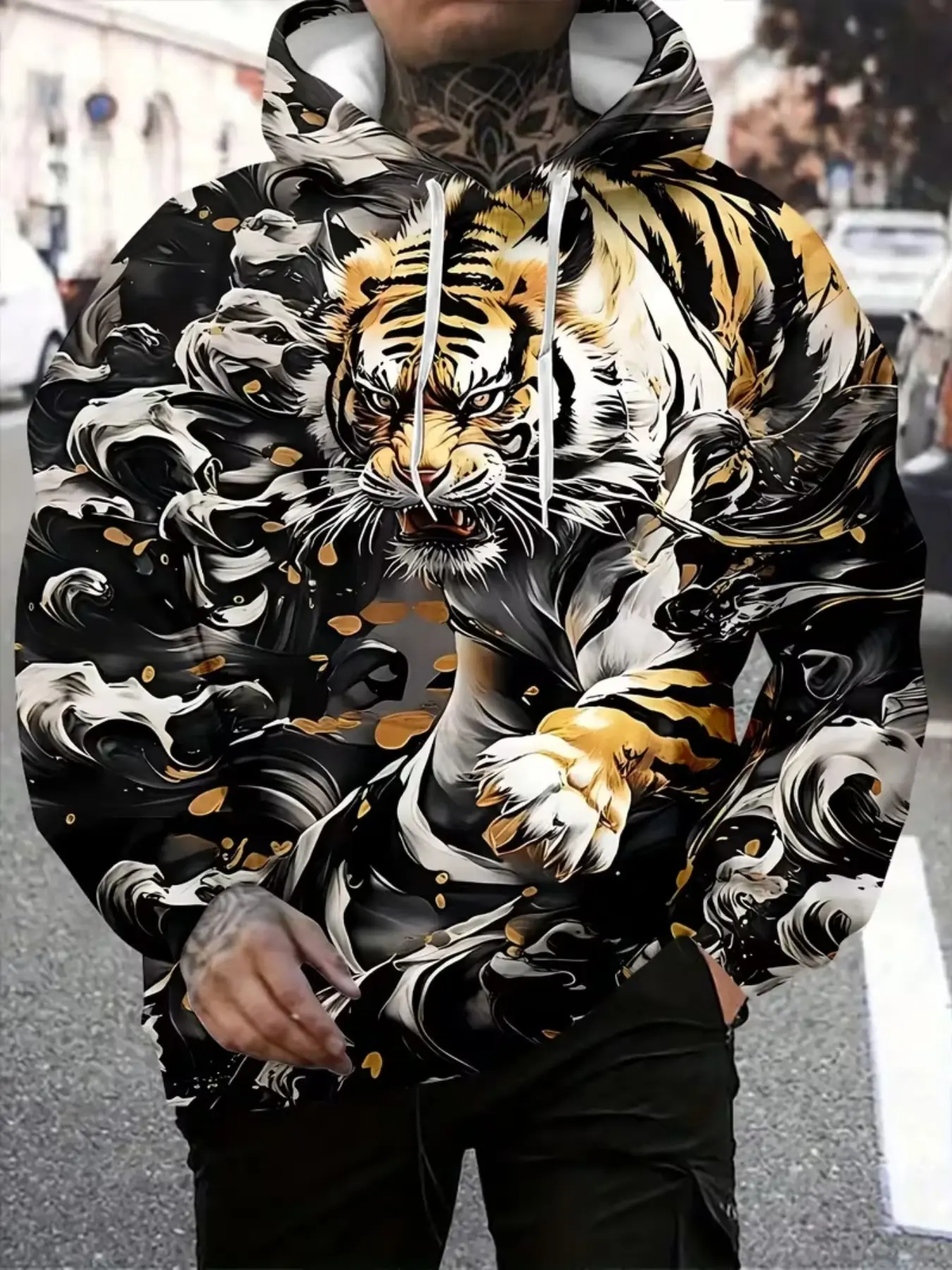 Men's Ink Gold Tiger Print Hoodie, Casual Long Sleeve Pullover, Fitted Raw Wash Design, All Seasons Wear, Comfortable and Stylish