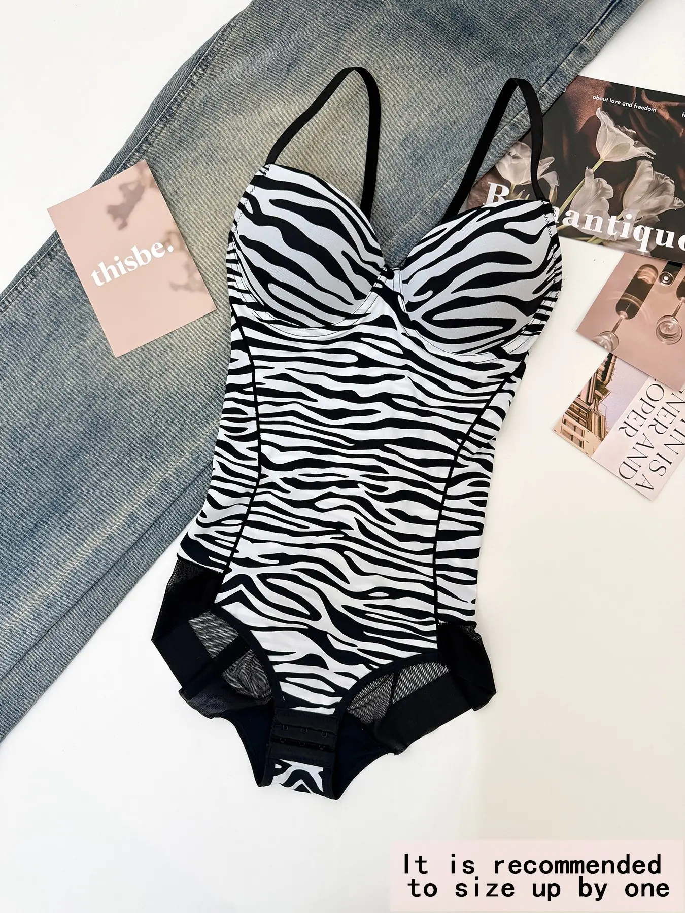 Trendy Zebra Print Shapewear Jumpsuit, Adjustable Thin Straps Bra, Bodycon Tight Fitting Underwear, Perfect for Daily Wear, Spaghetti Strap