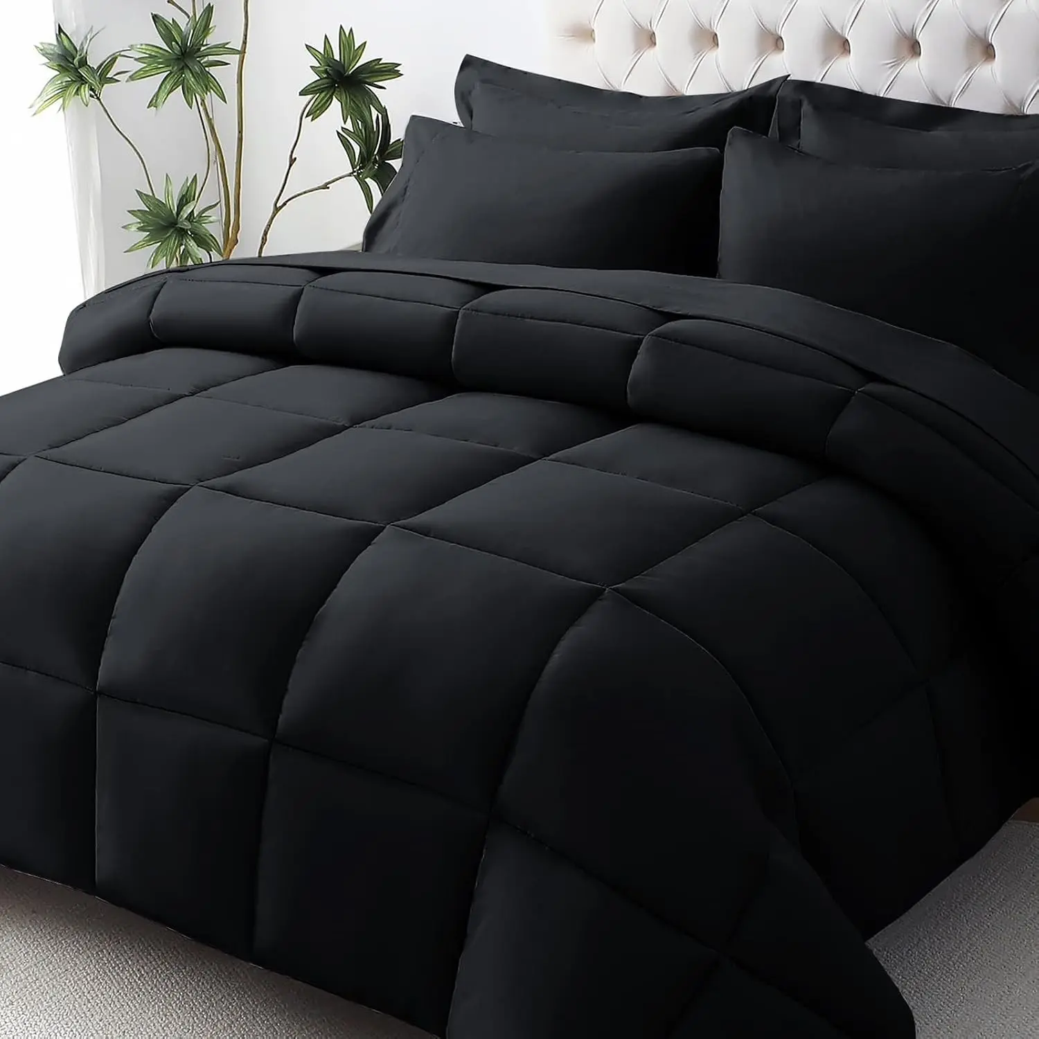 Queen Comforter Set, Ultra-Soft Bed in a Bag Queen Size 7 Pieces, Oeko-TEX Certified Bedding Set with Down Alternative Comforter, Sheets, Pillowcases & Shams, Black