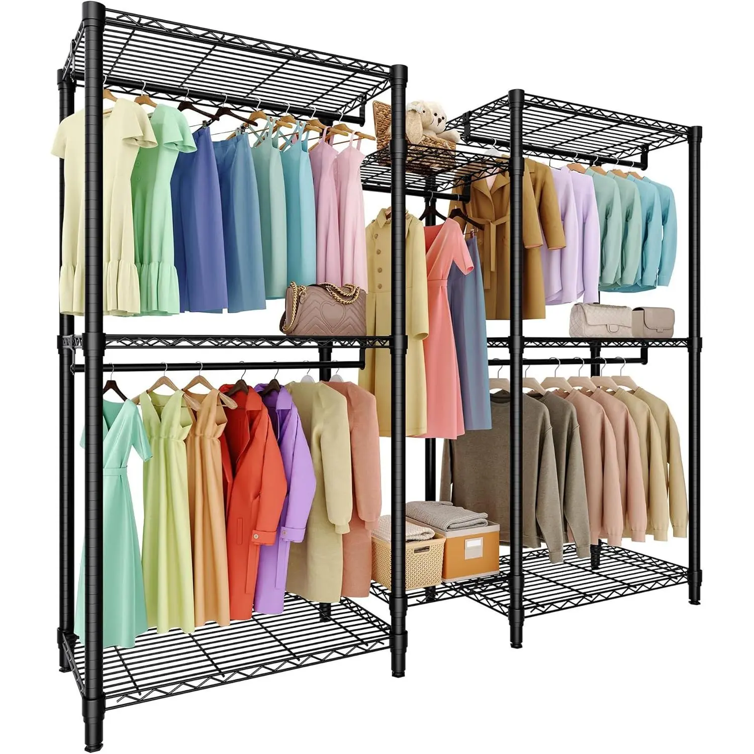 Carbon Steel Freestanding Clothes Rack - Heavy-Duty Adjustable Single Unit with 5 Hanging Rods, 8 Wire Shelves, 1874LBS Capacity, Neutral Look Solid Metal Portable Closet Organizer, 76.5"H x 73.6"L x 17.4"W