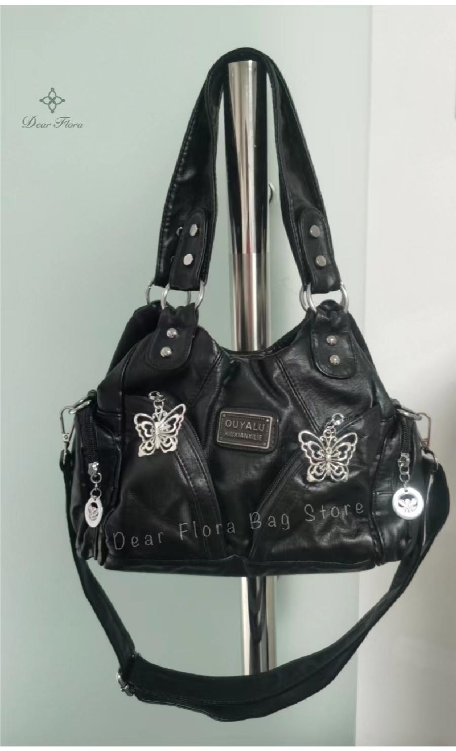 Women's Y2K Vintage Motorcycle Shoulder Bag Fashion Soft PU Chains Multiple Pockets Tote Bags Moto Style Messenger Crossbody Bag