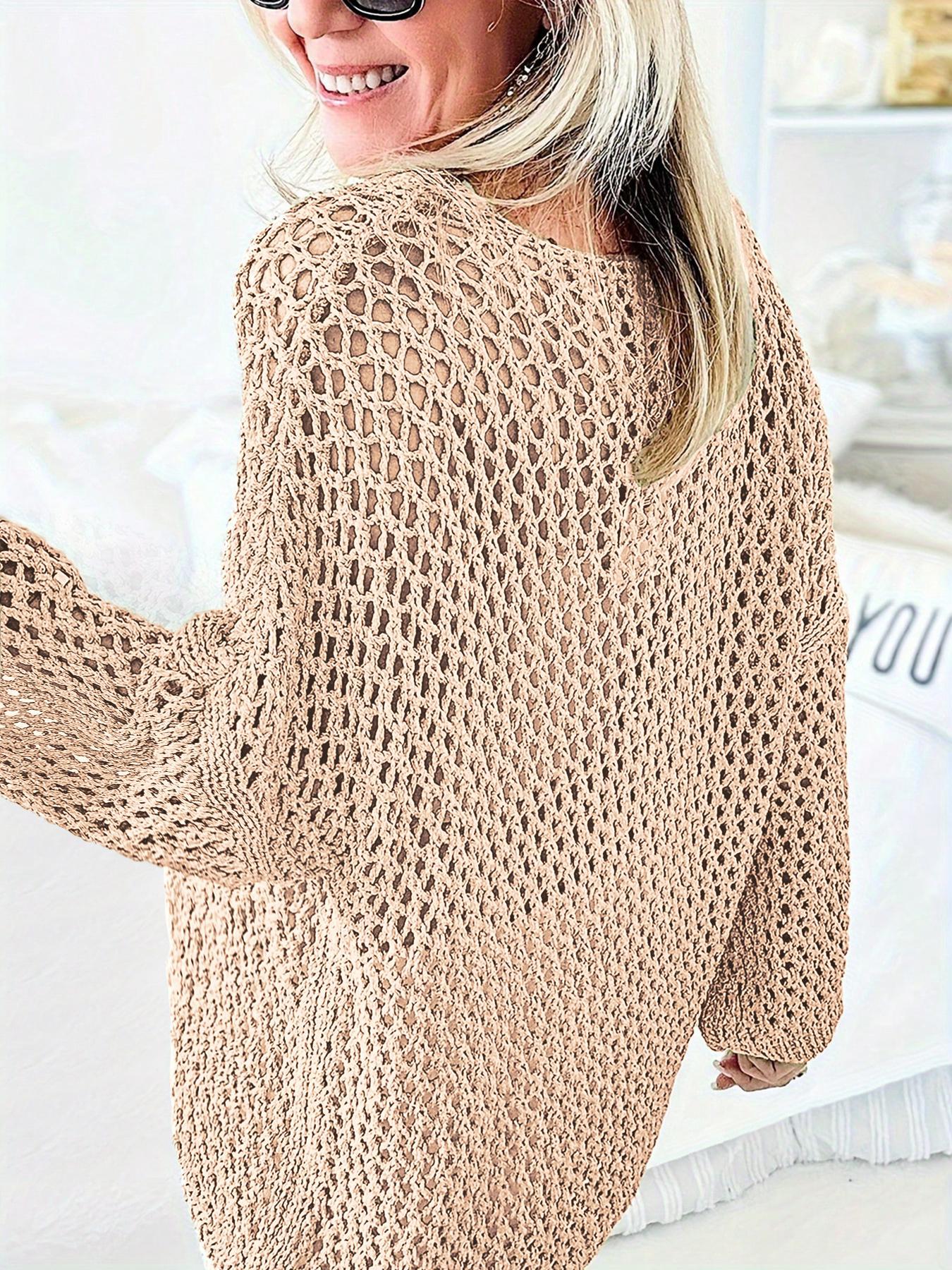 Women's Plain Hollow Out Sheer Drop Shoulder Crochet  Sweater, Casual Long Sleeve Crew Neck Jumper for Summer, Fashion Women's Knitwear for Daily Wear