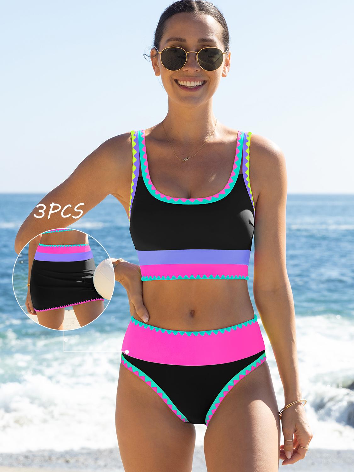 Popvil Beachball Kayaking 3 Piece Bikini Sets,Tummy Control & High Waisted Swimsuit with Adjustable Wide Shoulder Straps, Neon Color Sporty Swimsuit