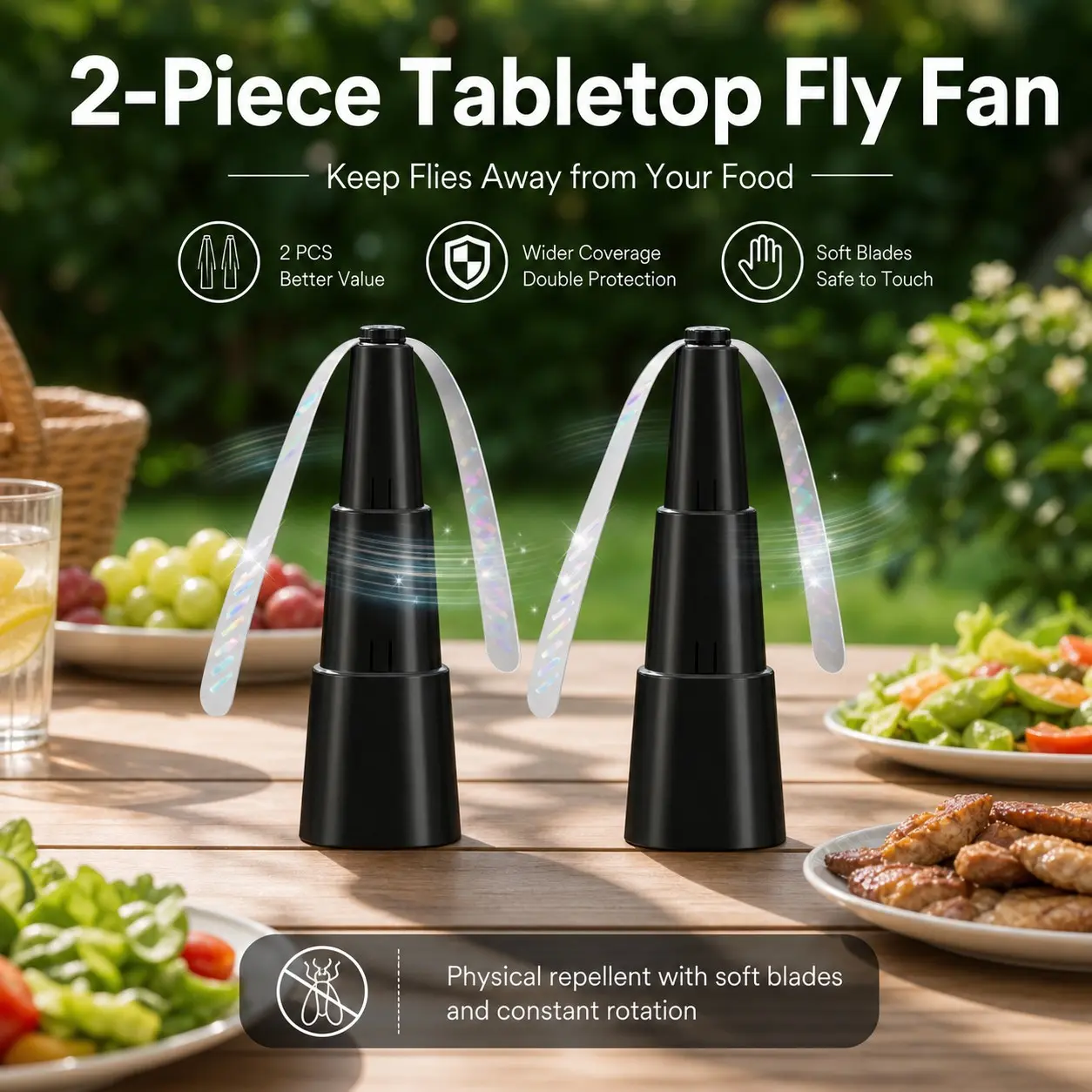 Two-Pack Desktop Fly Zapper Fan, Touch-Safe Rotating Ribbon Mosquito Repeller, Large Range Table Food Protection, Ideal for Outdoor Events