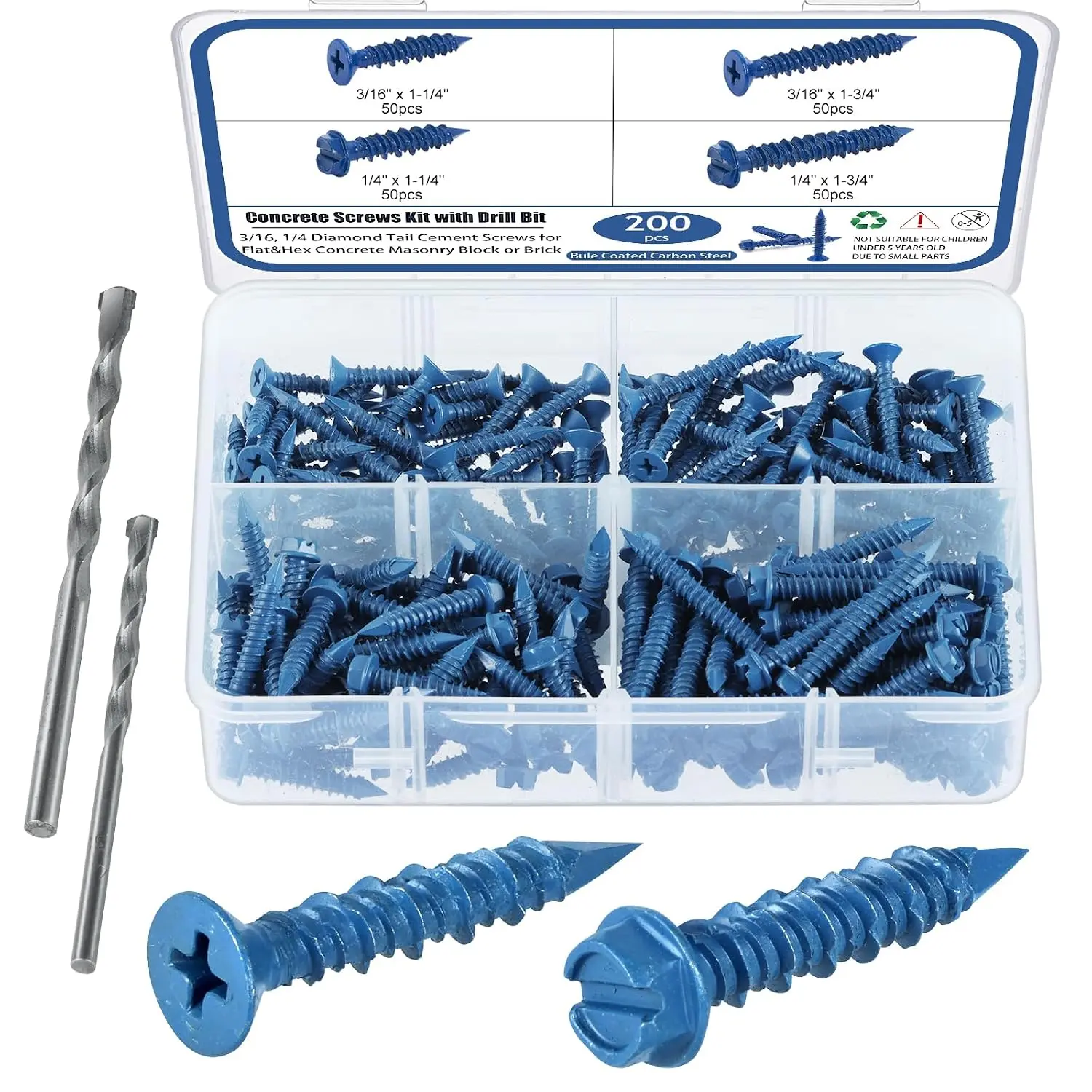 Concrete Screws with Drill Bit, 200 count Concrete Screw 1/4 3/16  Kit, Flat & Hex  Masonry Block Brick Cement Screws and Anchors, No Pre Drilling,  Point