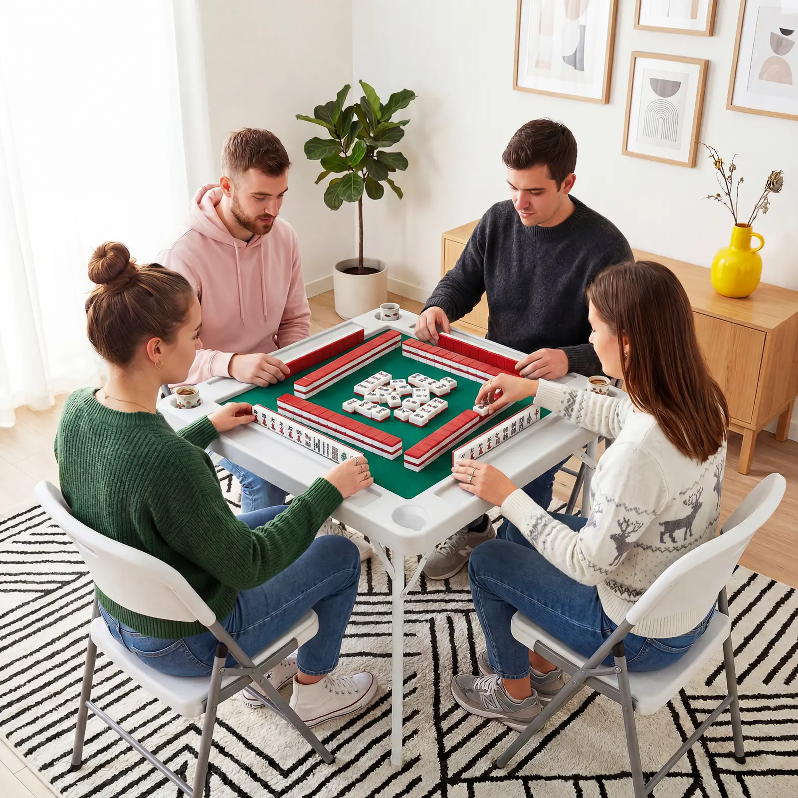 Portable 35" Square Folding Mahjong & Card Table – 4-Player Game Table with Cup Holders & Chip Trays, Durable HDPE Top & Sturdy Metal Legs for Poker, Dominoes, Family Game Nights
