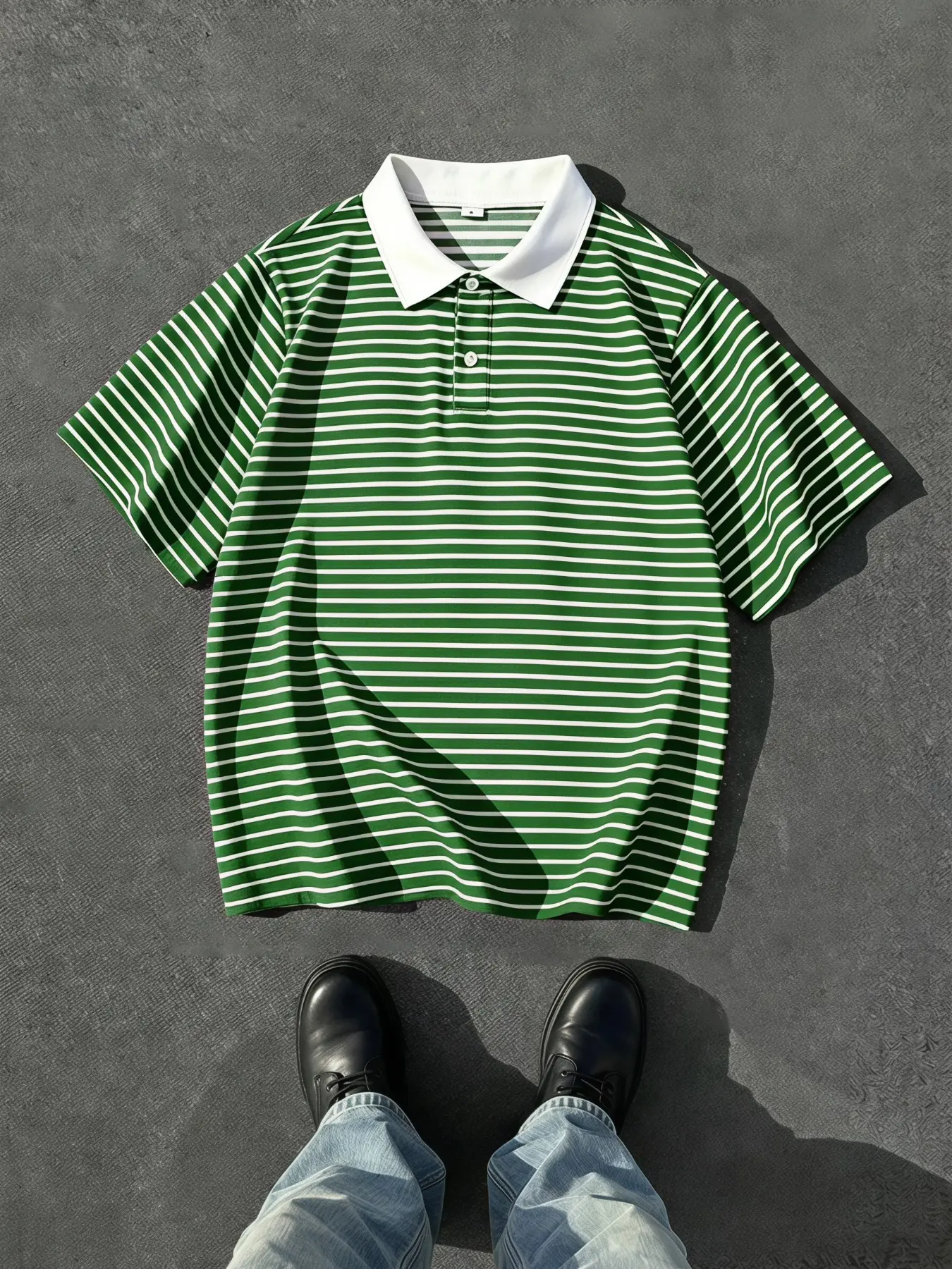 Polyester Men's Vintage Striped Short Sleeve Polo Shirt, Breathable Polo Shirts, White Contrast Collar Green Thin Horizontal Stripe Loose Casual Tee For Daily Golf Street Outfits, Summer Top